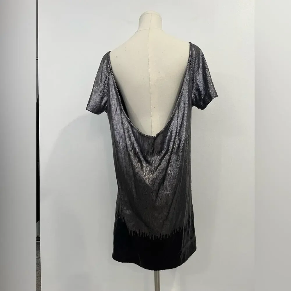 Free People Gunmetal Backless Short Sleeve Sequin Mini Dress - Picture 3 of 12